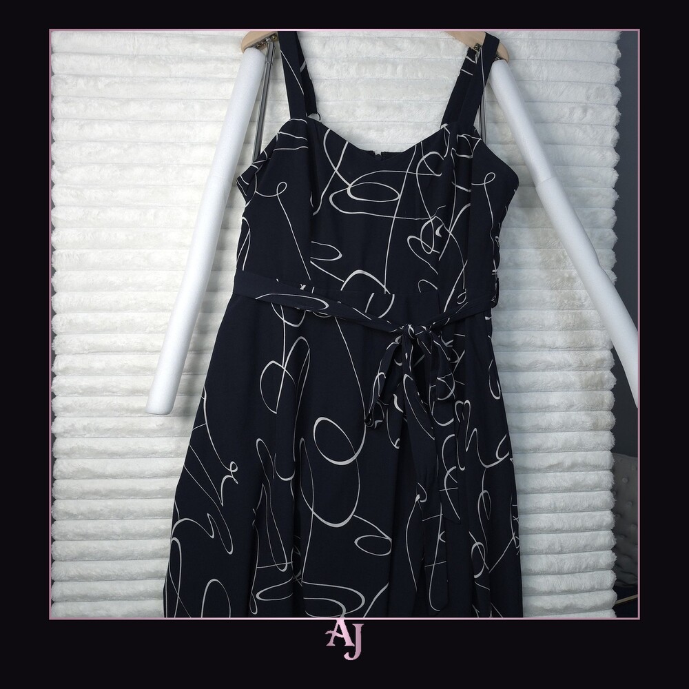 Black Sleeveless A-line Dress White Abstract Pattern Midi Length